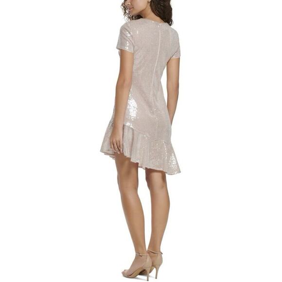 NWT Eliza J Sequin Neutral Blush Ruffled A-Line Asymmetric Ruffle Hem Dress - Picture 2 of 8